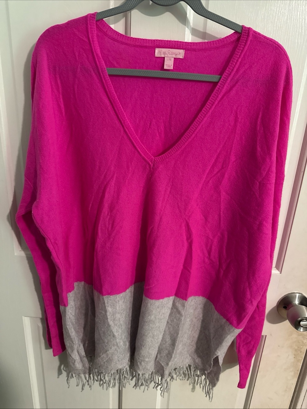Lilly Pulitzer Bright Pink V-Neck Fringe Hem Sweater